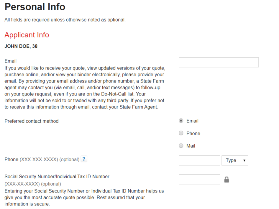 State Farm Online Quote customer personal information