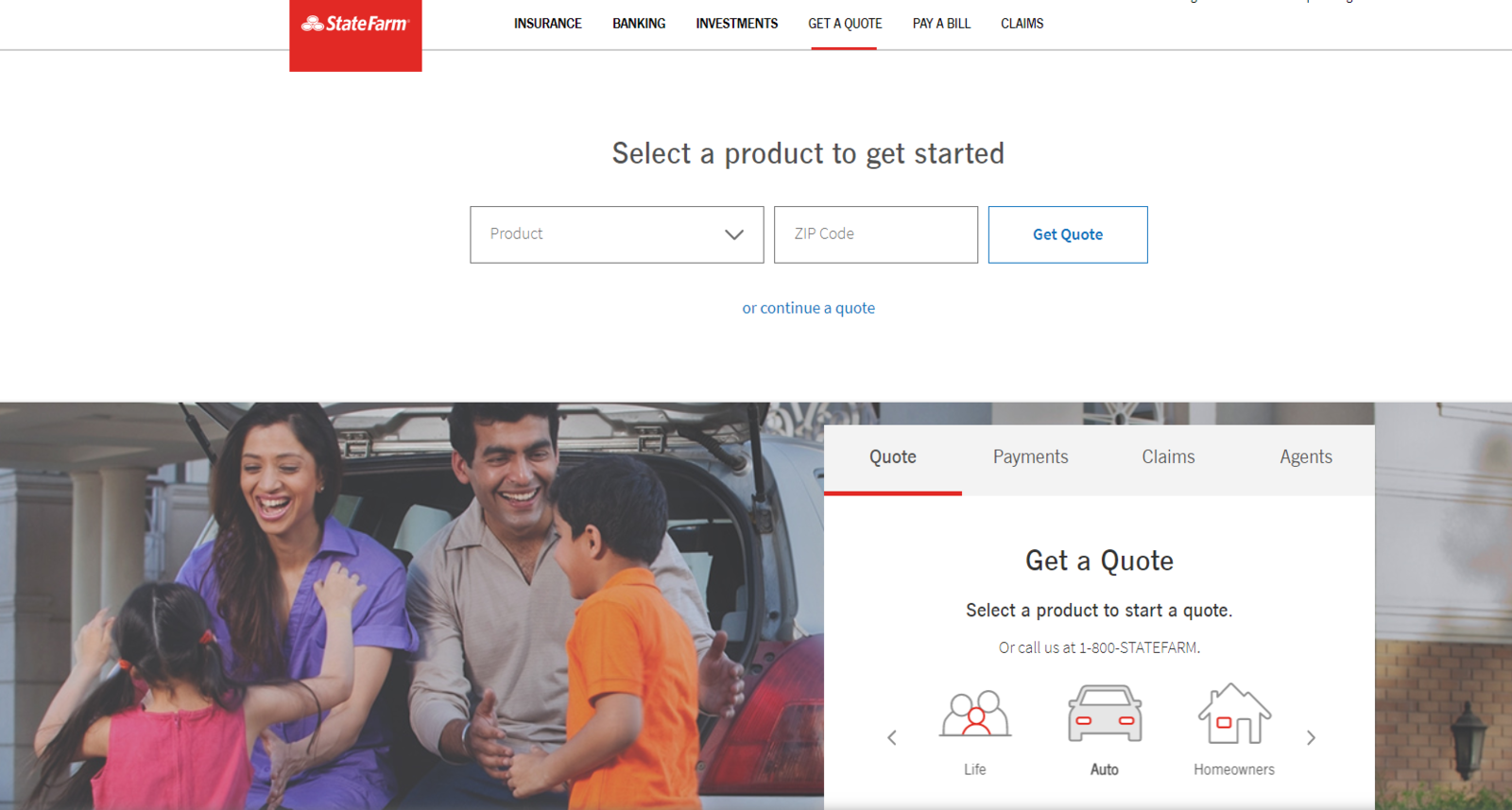 State Farm website home page showing quote box