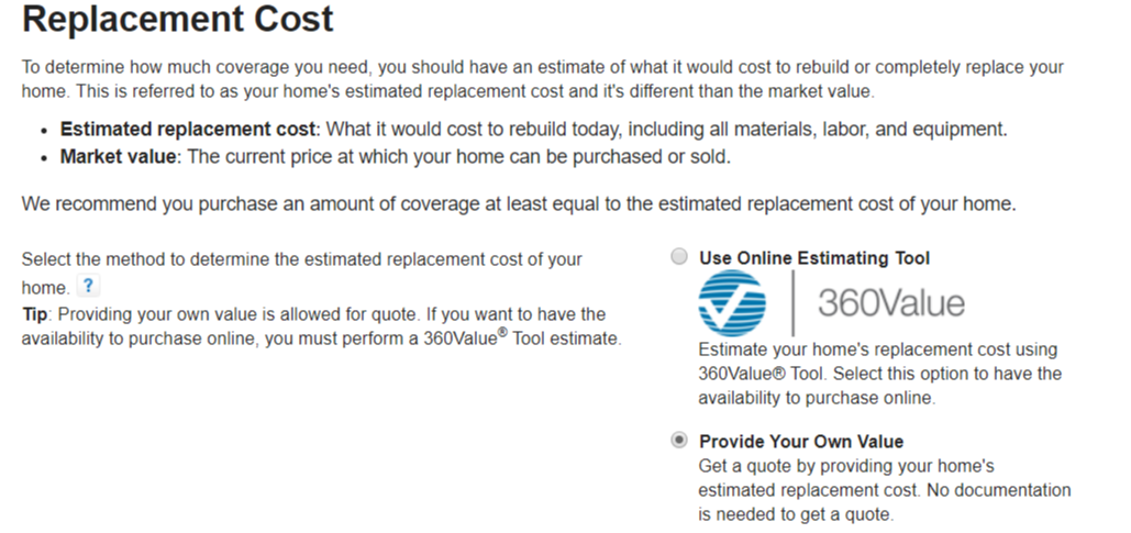 State Farm Online Quote home value estimator