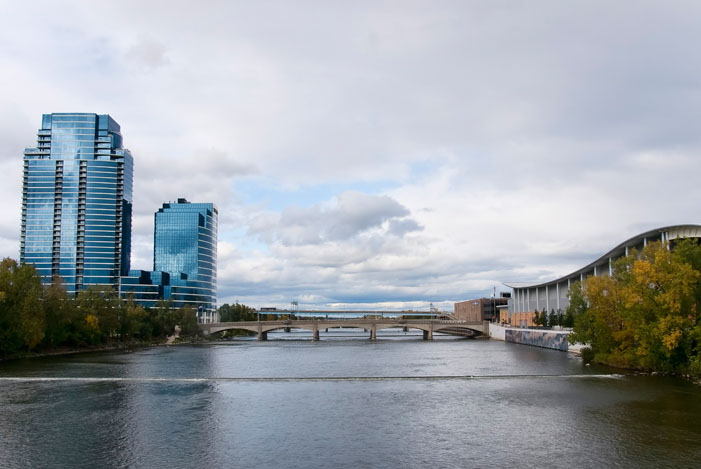 Grand Rapids Michigan and the Grand River with beautiful glass sky scrapers