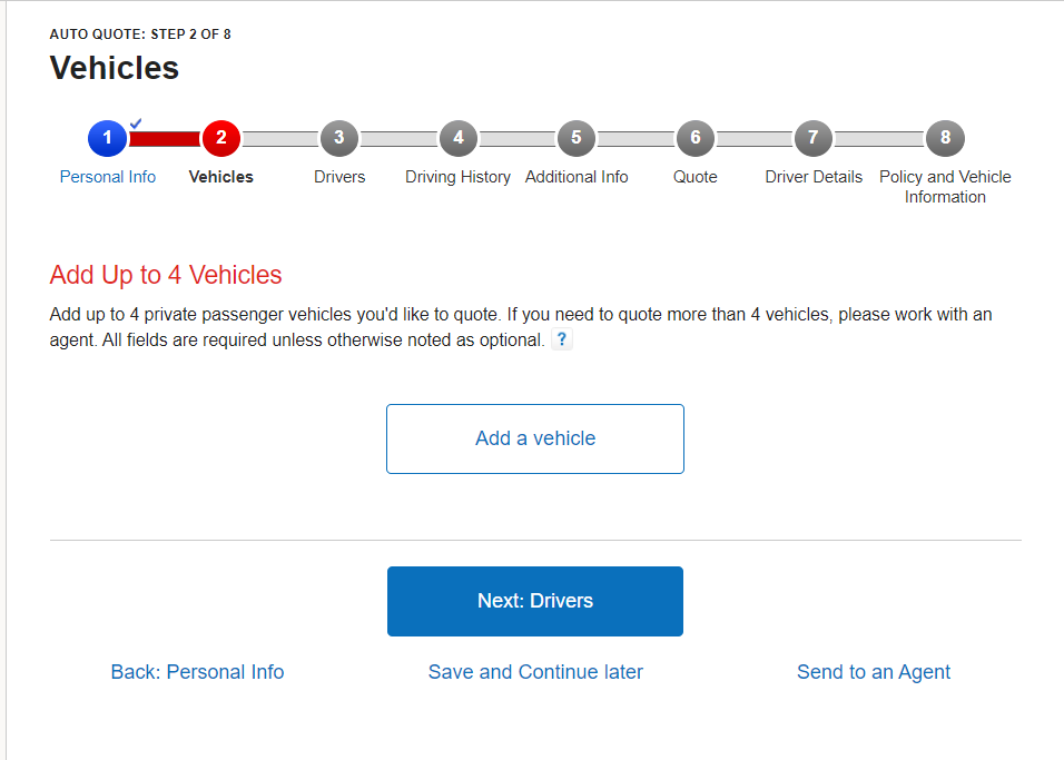 State Farm website quote screen showing adding vehicle information