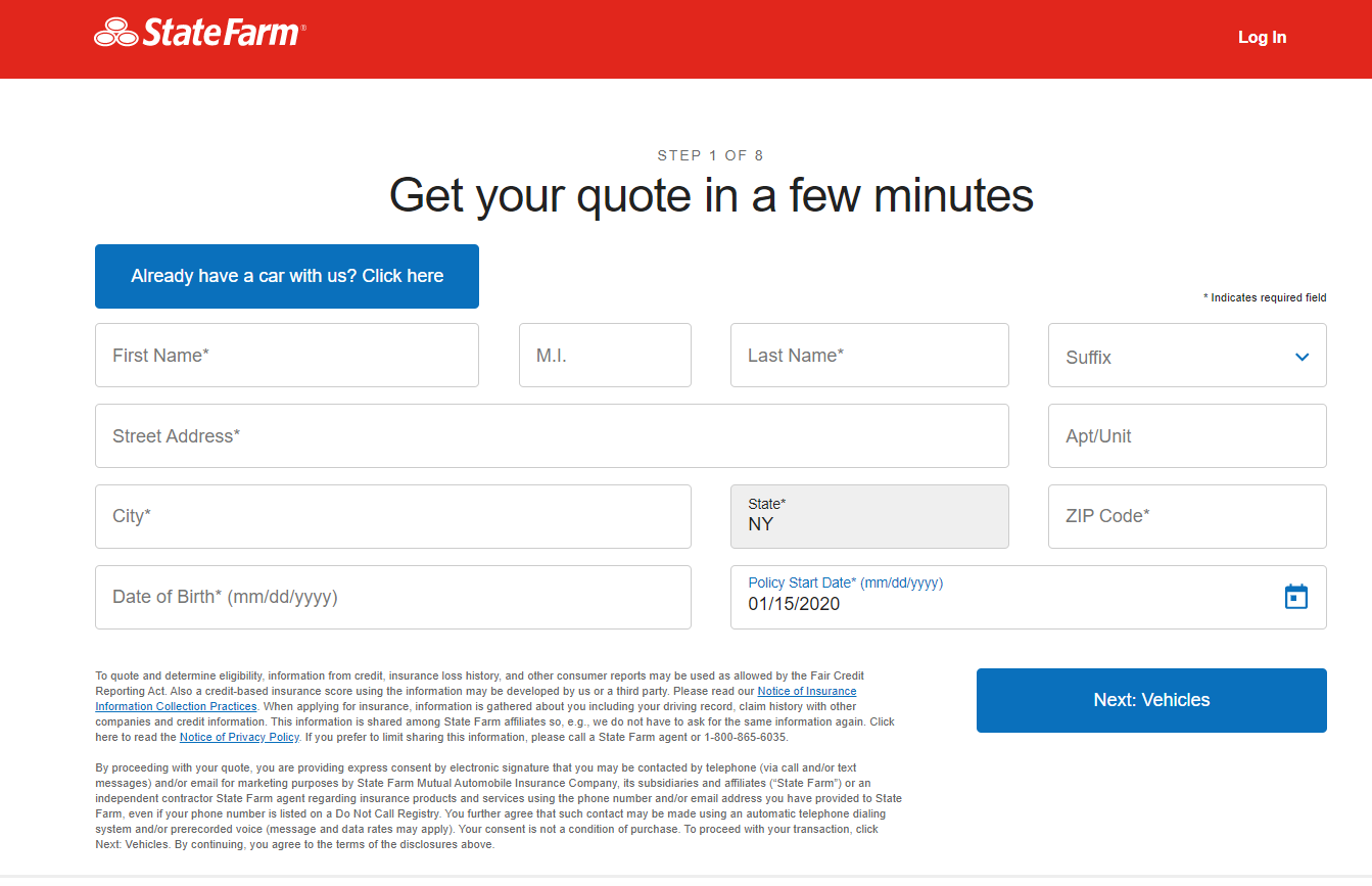 State Farm website quote screen showing where to enter personal information